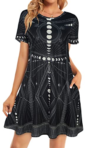 Elescat Women Summer Dress Tshirt Beach Sundress Casual Plus Size Flowy Swing Short Sleeve Loose Tunic(Black Sky,2Xl) #TOP20