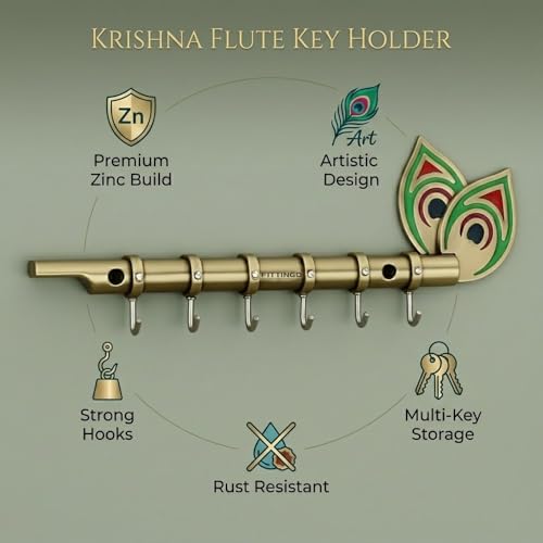 Image of Big Brass Antique Krishna Flute for Key Holder /Key Stand /Keys Hanger Hook /Key Holders for Wall Stylish /Keys Rack Hook /Key Hanging Hooks - Home Decor, Wall Mount - 6 Hooks - (Brass Antique)