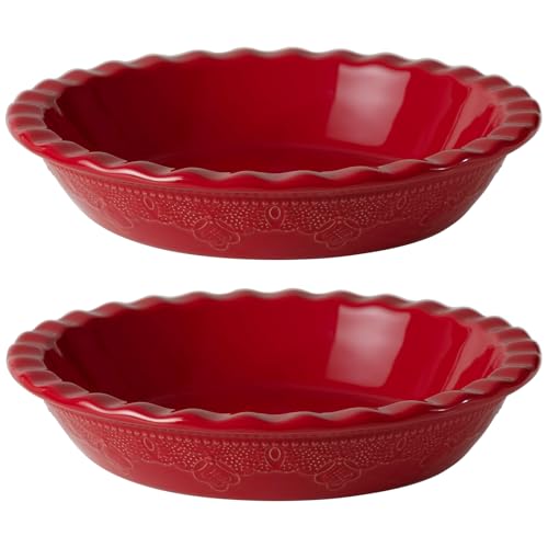 Fun Elements Pie Pan, 9 Inch Ceramic Pie Dish, Deep Dish Pie Pan with Lace Emboss, Ruffled Pie Plate for Baking, Thanksgiving Christmas Gifts, Set of 2, Red Fun Elements Pie Pan, 9 Inch Ceramic Pie Dish, Deep Dish Pie Pan with Lace Emboss, Ruffled Pie Plate for Baking, Thanksgiving Christmas Gifts, Set of 2, Red