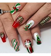 TULOBI Christmas Press on Nails Medium Coffin Fake Nails with Christmas Tree Designs Glitter Glue...