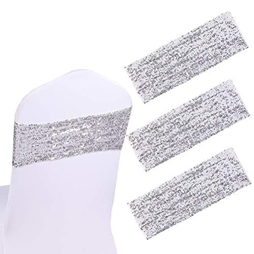Aulufft Silver Sequin Spandex Chair Sash 50Pcs Silver Chair Sash Sequin Chair Sashes 5.9 X13.78 Stretch Spandex Bands Sparkling Chair Cover Decorations for Wedding Banquet Party Festival Shining