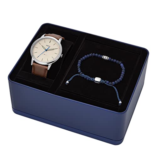 Fossil Men's Minimalist Quartz Stainless Steel And Leather Watch And Bracelet Gift Set, Color: Silver, Brown (Model: Fs6006Set) #TOP5