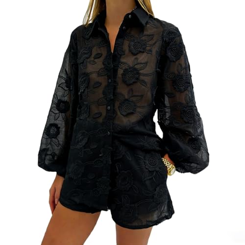 REASERAL Womens Lace 2 Piece Outfits Long Sleeves Lapel Jacket