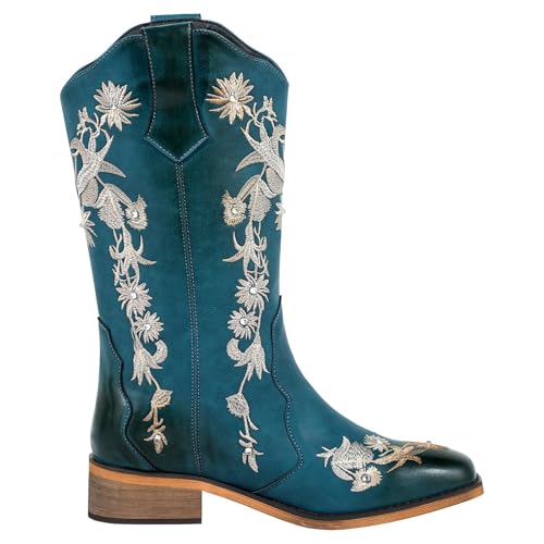 SheSole Women's Floral Rhinestones Square Toe Cowboy Boots Western Country Wedding Cowgirl Boots Wide Calf2