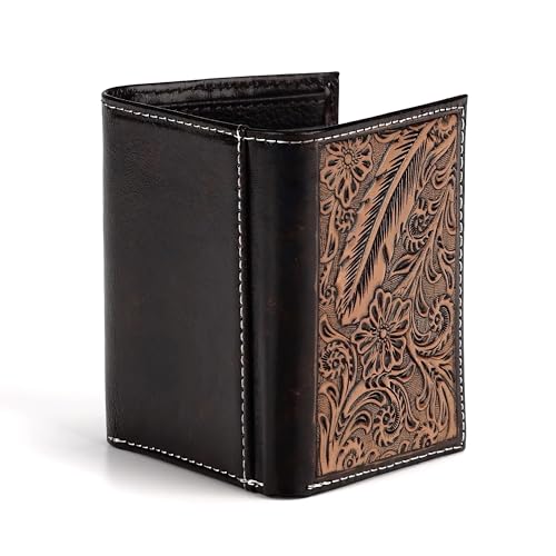 ARIAT Men's Trifold Wallet - Genuine Leather with Feather Embossed Design, Brown2