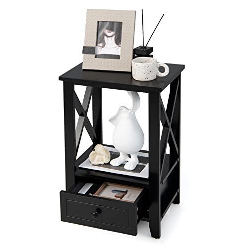 KOMFOTTEU Nachttisch mit Schublade, 2 Ebenen Beistelltisch Holz, Nachtkommode mit offnenem Regal, Nachtschrank Couchtisch für Schlafzimmer, Wohnzimmer, Büro (40cm x 30cm x 61cm, Weiß, 1) (Schwarz)