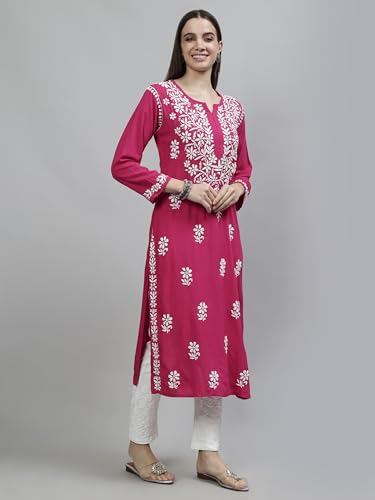 Image of Seva Chikan Hand Embroidered Lucknowi Chikankari Rayon Straight Kurta for Women SCL4532