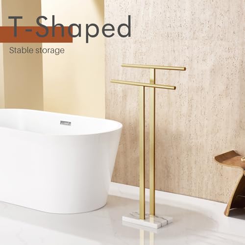 Image of KOKOSIRI Standing Towel Rack for Bathroom Floor 2-Tier Towel Holder Free Stand with Heavy Marble Base Thicken Steady Design Gold Stainless Steel THS0005-BG