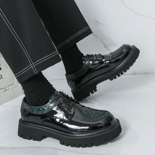 Image of Men's Patent Leather Platform Wingtip Oxford Shoes with Rivets Round Toe Lace Up Lug Sole Brogue Dress Shoes Comfortable Business Work Causal Derby Oxfords