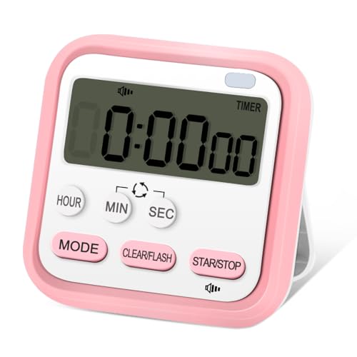 Kitchen Timer, Digital Visual Timer 24-Hours Magnetic Clock Stopwatch Count-Up & Count Down Timer with Large LCD Screen Display Big Digits, Loud Alarm for Cooking, Shower, Bathroom, Kids (Pink)