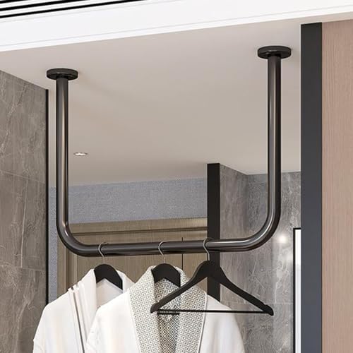 Space-Saving U-Shaped Ceiling-Mounted Clothes Rail, Sturdy Metal Hanger for Bedroom
