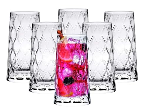 Image of Premium Crystal Water Glass Set of 6 - Highball Drinking Glasses Set for Home - Glass Set for Water Juice Shakes Mojito Cocktail Colddrinks (Leafy Cocktail)