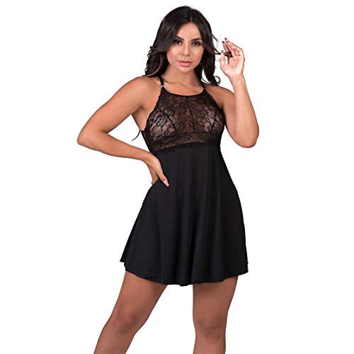 Camisola com Detalhes em Renda Vazada Preta, Lingerie, Feminino (P, Preto)