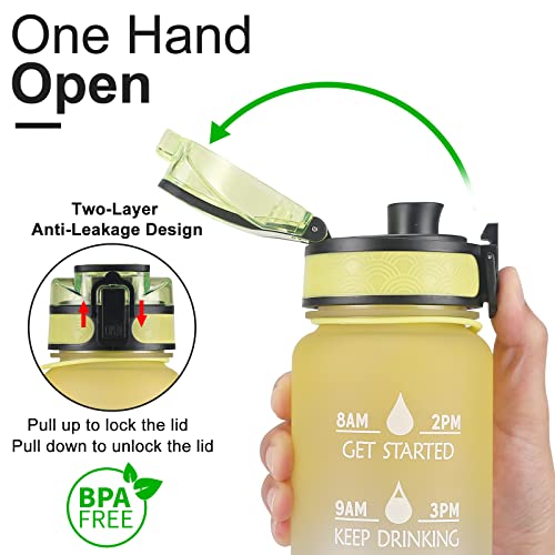 Image of 32 oz Large Water Bottle with Motivational Time Marker & Removable Strainer,Fast Flow BPA Free Non-Toxic for Fitness, Gym and Outdoor Sports (Yellow /Blue)