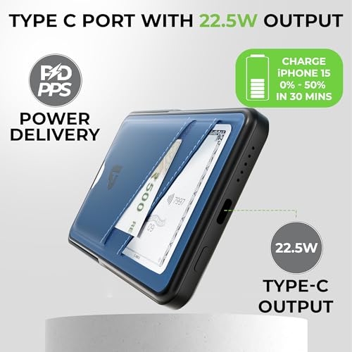 Image of UltraProlink Mag-Safe Power Bank 5000mAh with Stand & Wallet | Ultra Slim Magnetic Power Bank|22.5W PD Battery Bank | Type C for iPhone 16 /15 /14 /13 /12 /Mini /Pro /Pro Max|Made in India | Juice-Up Swipe