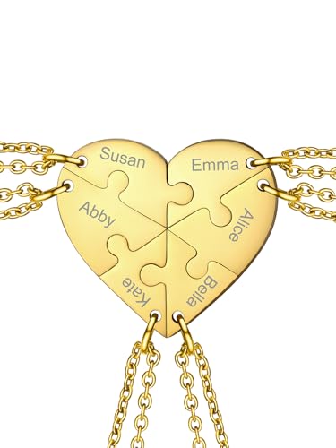 FOCALOOK BFF Necklace for 2/3/4/5/6 Women Stainless Steel Personalized Family/Sibling/Friendship Jewelry Set Custom Best Friend Name Engrave Heart Puzzle Matching Pendant Necklaces