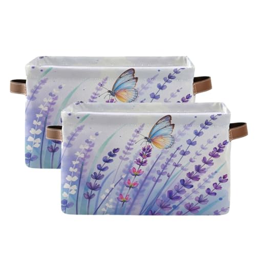 Plaaee Storage Basket Colorful Butterfly Purple Lavender Open Home Organizer Bins Storage Baskets with PU Handles – Collapsible Organizing Box for Closet & Shelf 1pack