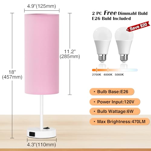 ZJOJO Table Lamp for Bedroom 2 Pack,18in Bedside Lamps with 3 Way Dimmable Rocker Switch & AC Outlet,Nightstand Desk Lamp with Pink Fabric Shade White Base for Living Room Home Decor Lights ZJOJO Table Lamp for Bedroom 2 Pack,18in Bedside Lamps with 3 Way Dimmable Rocker Switch & AC Outlet,Nightstand Desk Lamp with Pink Fabric Shade White Base for Living Room Home Decor Lights - Image 5