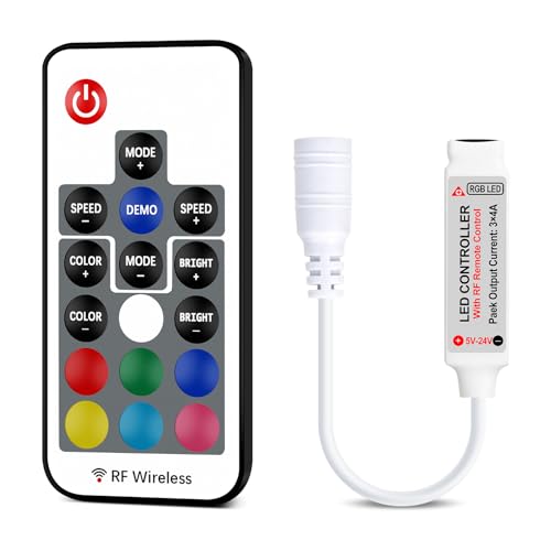 RF Wireless Remote LED Controller,DC 5V-24V RGB Controller for 5050 3528 5630 LED Strip Lights,19 Modes 20 Colors Wireless Dimmer,Memory Function,12A Max Load
