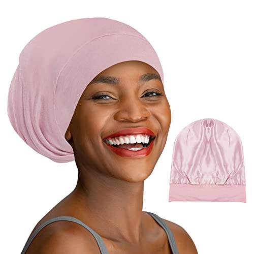 iCooBreeze 100% Mulberry Silk Lined Sleep Cap Bonnet for Curly Hair and Braids, Stay On Sleeping Hair Wrap Adjustable for Women Men, 1PC, Pink, Pink, M-L