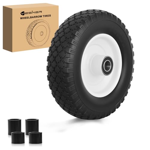 Yesker 4.10-3.50-6 Tires and Wheels Flat-Free, 12 Solid Replacement Tire Wheel with 1 Axle Bore for Wheelbarrow, Gorilla Cart, Trolley, Garden Scooter Cart, 1 Pack