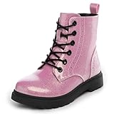 Athlefit Boys Girls Waterproof Combat Boots Lace Up Side Zipper Pink Ankle Booties for Little Kid Size 1