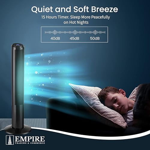 مروحة برج إمباير 41 بوصة مع شاشة LED، مروحة تحكم عن بعد لغرفة النوم مع وظيفة مؤقت، مروحة تبريد 50 وات مع 3 سرعات، مروحة مثالية متذبذبة 75 درجة للمنزل وغرفة المعيشة والمكتب (أسود)