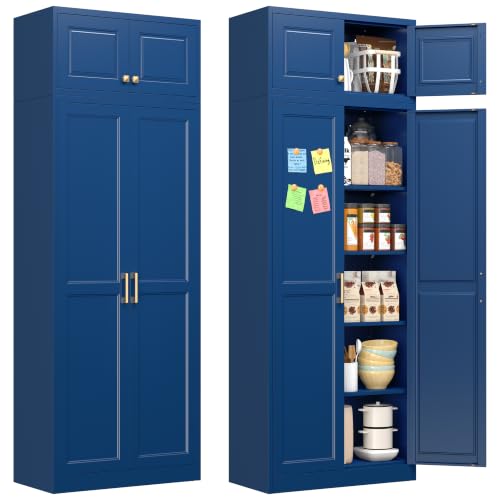 Image of Polup 86 inch Tall Metal Kitchen Pantry Storage Cabinet with Doors and Shelves | Heavy-Duty Blue Cabinet, 4 Adjustable Shelving, Gold Handles, Magnetic Latch, for Dining Living Room, Bathroom & Garage