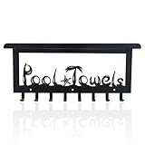 OYEFLY Pool Towel Rack,Wall Mount Towel Hooks Towel Holder with 8 Hooks,Pool Area Outside Sign (Black with Shelf, 16.1in)