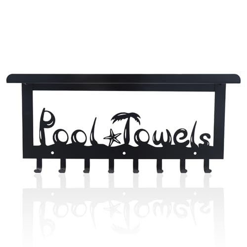 OYEFLY Pool Towel Rack,Wall Mount Towel Hooks Towel Holder with 8 Hooks,Pool Area Outside Sign (Black with Shelf, 16.1in)