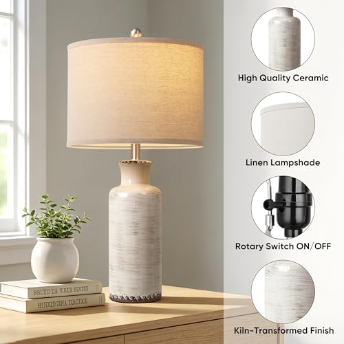 QiMH 25" Modern Lamps for Living Room, Unique Flowing Glazes Ceramic Table Lamp Set of 2 with Linen Lampshade, Beige Rustic Farmhouse Beside Lamps for Bedroom Nightstand Home Decor(Bulb Included) — view 4