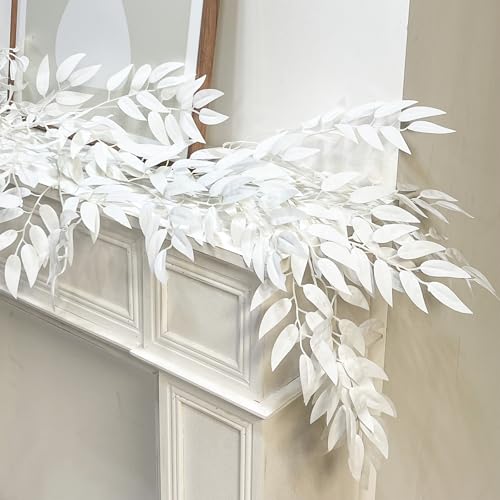 RECUTMS Artificial White Willow Leaves Garland 6.5ft Silk Leaf Twig Vine