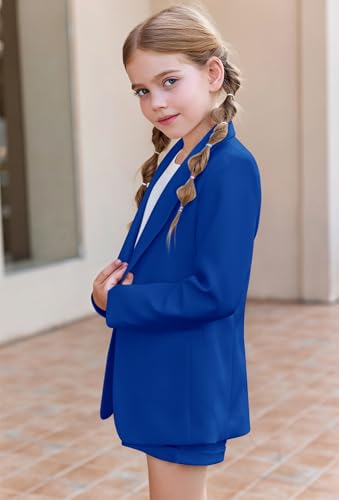 Image of Batermoon Girls 2 Piece Outfits Button Front Long Sleeve Blazer and Short Pants Suit Sets 4-14 Years