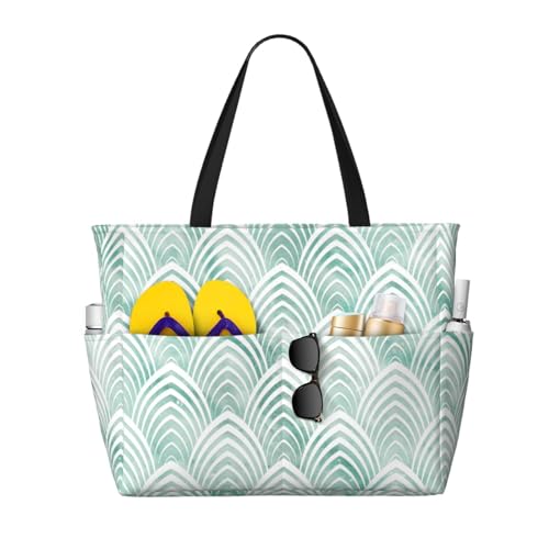 Grand sac de plage Écailles Aqua Menthe Blanc Géométrie Marbre en toile avec poignées