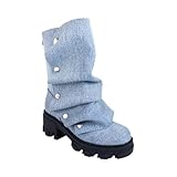 Liliana Women's Slouchy Fold Over Boots Platform Shark Boots Pull On Fashion Short Booties Mageo-2 Denim 8