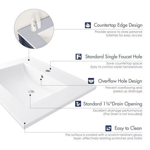 Eridanus 24\"x18¼\" Bathroom Sink, Ceramic Bathroom Vanity Sink Top with Overflow, Drop in Bathroom Vessel Sink Rectangle Ideal for Small Spaces ‎- Glossy White - Thumbnail 2