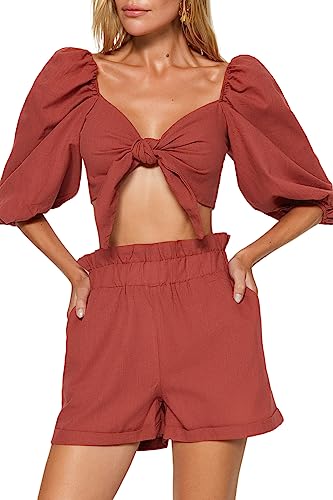 TRENDYOL Damen Einfarbig Gewebt Zweiteiler Set Hemd, Zimt, 62