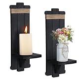 Farmhouse Wall Decor Candle Sconces - 2 Pcs Rustic Gothic Handmade Wooden Wall-Mount Candle Holders for Bedroom Living Room Bathroom Home Hanging Art Decorations Accessories Gifts, Black