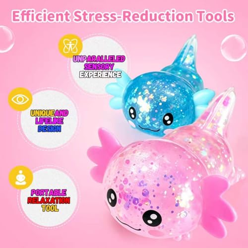2pack Glitter Axolotls Squishies Toy, Axolotls Stress Relief Toy,Soft Squeeze Sensory Fidget Gadget for Teen & Adult, Office Desk Decor, Party Favors (Blue+Pink)