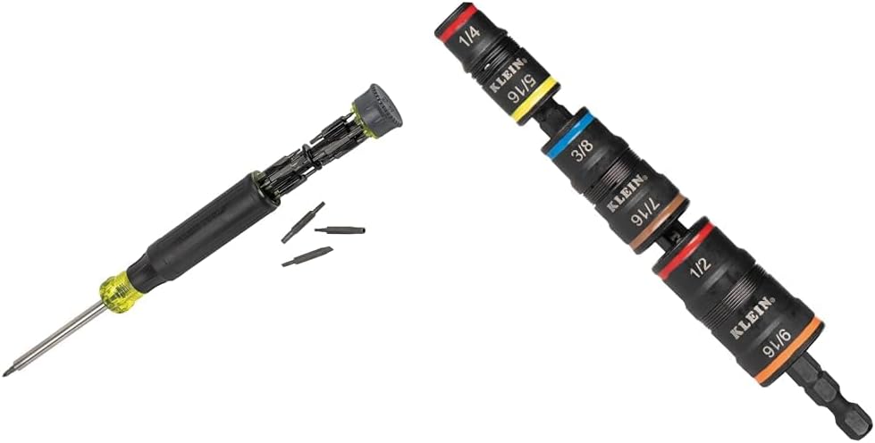 Klein Tools 32328 Precision Screwdriver, 27-in-1 Multi-Bit Screwdriver, Bits & 32933 Impact Driver, 7-in-1 Impact Flip Socket Set, 6 Hex Driver Sizes, Plus Bit Holding Feature