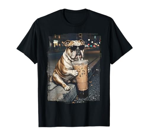 English Bulldog Drinking Iced Coffee Funny Animal Meme T-Shirt