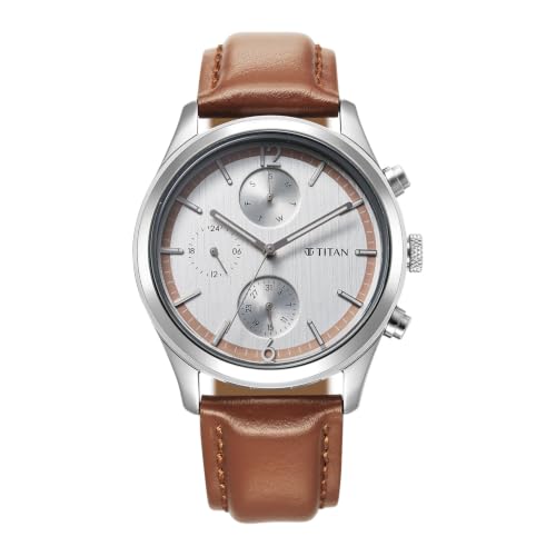 Image of Titan Multifunction Classique Silver White Round Dial Dark Brown Colour Stainless Steel Strap Mens Watch - 10026SL02