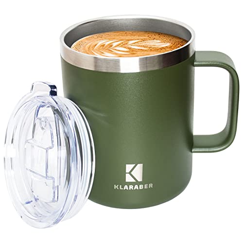 Klaraber Thermal Mug, Insulated Coffee Mug with Handle and Lid, Insulated Camping Mug, Double Walled Stainless Steel Beer Mug, Spill Proof, Reusable, 350ml / 12oz(Green)