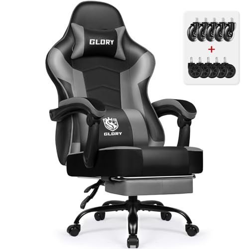 minnouat Gaming Stuhl Ergonomischer mit Fußstütze, Gaming Chair Bürostuhl 150 kg Belastbarkeit, Gamer Stuhl aus Kunstleder, Höhenverstellbarer PC Zockerstuhl für Jugendliche Erwachsene, Grau