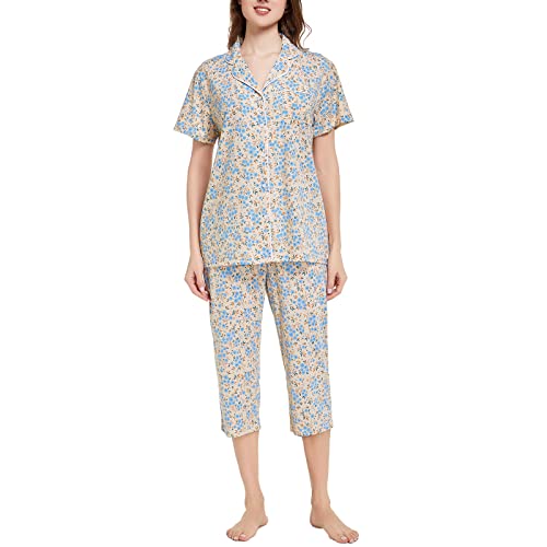 Image of Tugege Capri Pajamas Set Womens Button Down Short Sleeve Lounge Sets Sleepwear Notch Collar Top & Capri 2 Piece PJ Sets