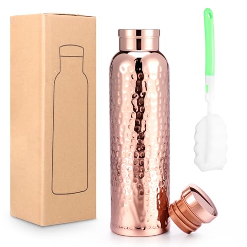 HJJWNDDNG Copper Water Bottle 620ml Water Vessel Double Layer Hammered Bottle with Cleaning Brush Leakproof and Portable Waters Bottles for Home Travels (Cup + Cup Brush)