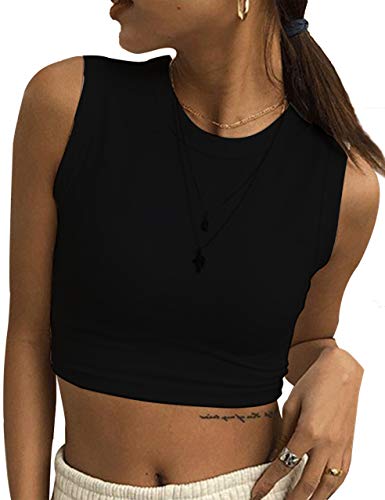 Missactiver Womens Round Neck Crop Top Basic Solid Sleeveless Crop Tank Vest Top (Medium, Black) #TOP6