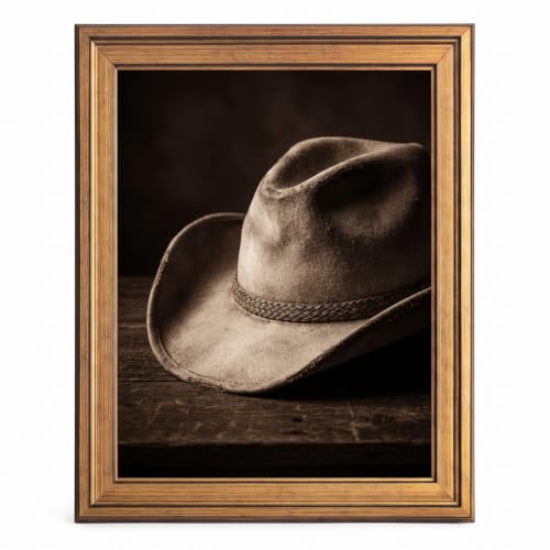 Framed Canvas Wall Art Vintage Cowboy Hat on Rustic Table Sepia Brown Textured Print Poster Gold Frame Wall Decor for Study Living Room Rustic Country Art, Retro Americana - Inch 16x20