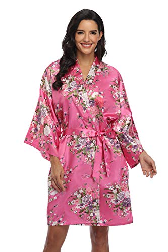 Mignon Cromwell Women's Floral Bride Bridesmaids Robe Satin Wedding Kimono Bridal Dressing Gown Sleepwear,L/XL