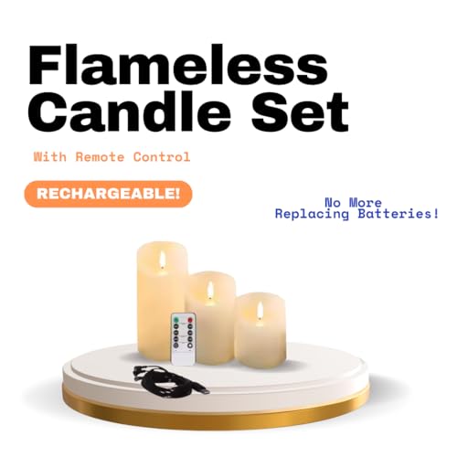 Image of Rechargeable Flameless Candles Set of 3 | Real Wax LED Pillar Candles with Remote & Timer | Realistic Flickering Flame | Battery Operated | for Thanksgiving, Holiday, Halloween Decoration & Gift